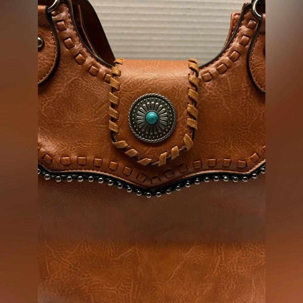 Sam & HadleyWestern Cognac Faux Leather Shoulder Bag Turquoise Whipstitch Tote